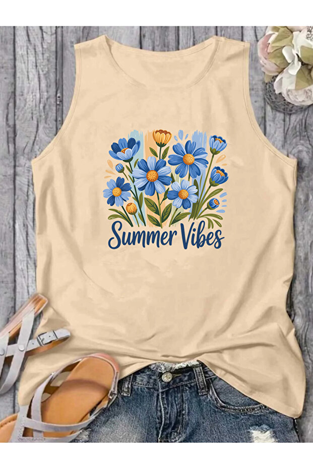 Flowers Printed Patterned Women's Cotton Off-The-Shoulder (Sleeveless) Summer T-Shirt