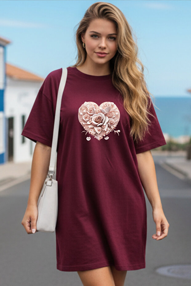 Elbisee Women's Red Oversize T-Shirt Dress – Heart Rose Pattern