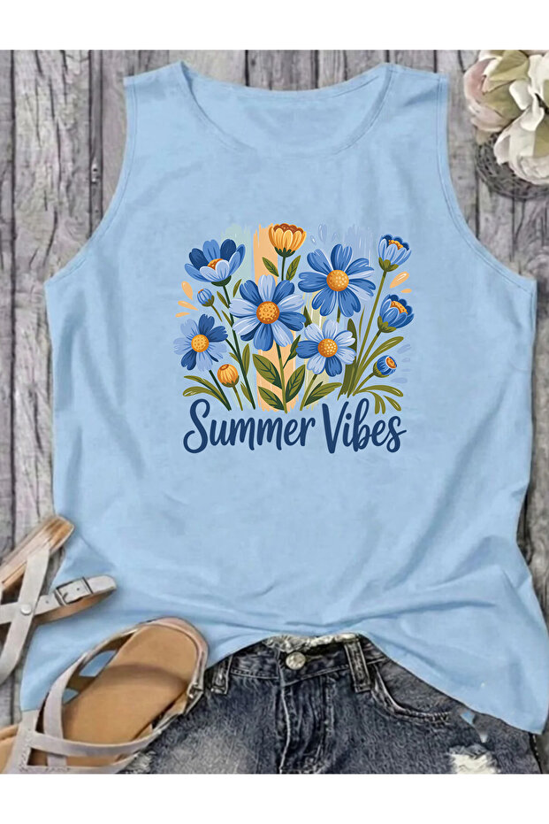 Flowers Printed Patterned Women's Cotton Off-The-Shoulder (Sleeveless) Summer T-Shirt