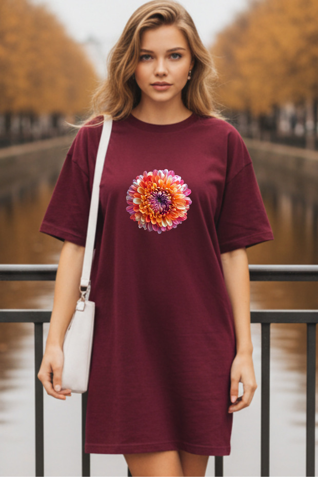 Elbisee Women's Red Oversize T-Shirt Dress – Orange Floral Pattern