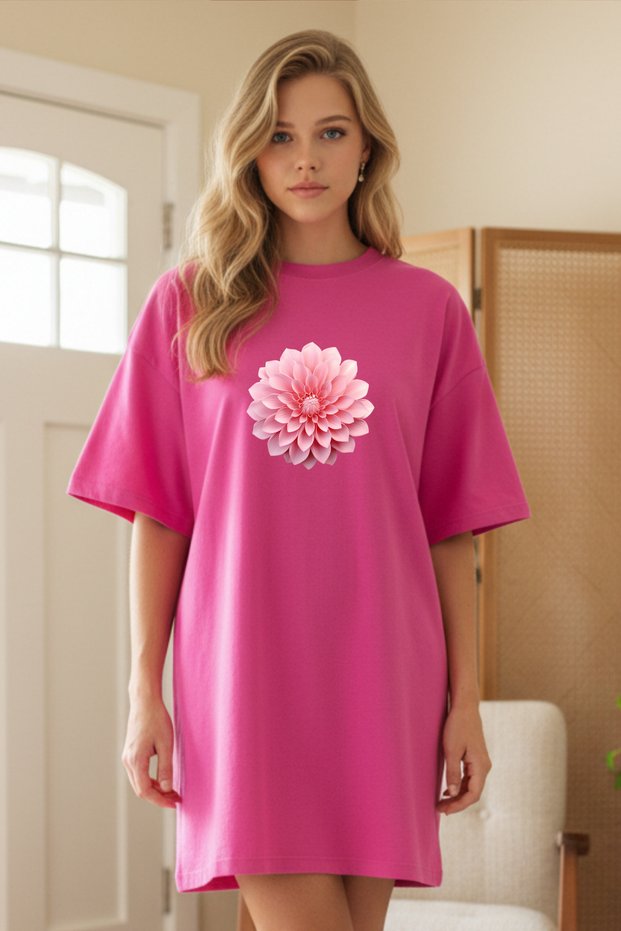 Elbisee Women's Red Oversize T-Shirt Dress – Pink Floral Print