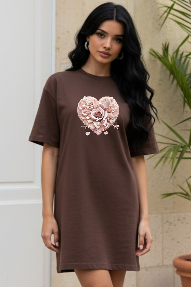 Elbisee Women's Red Oversize T-Shirt Dress – Heart Rose Pattern