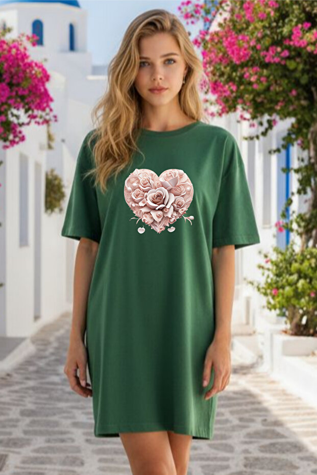 Elbisee Women's Red Oversize T-Shirt Dress – Heart Rose Pattern