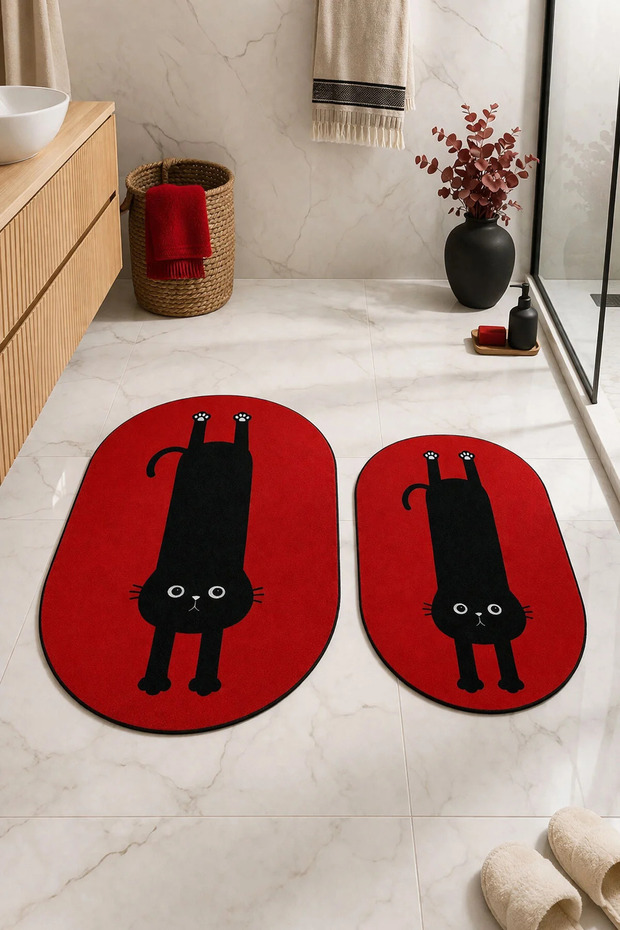 Digital Non-Slip Washable Double Bath Mat Set with Cat Design Bathroom Rug Bathroom Decor 40X60+60X90 cm
