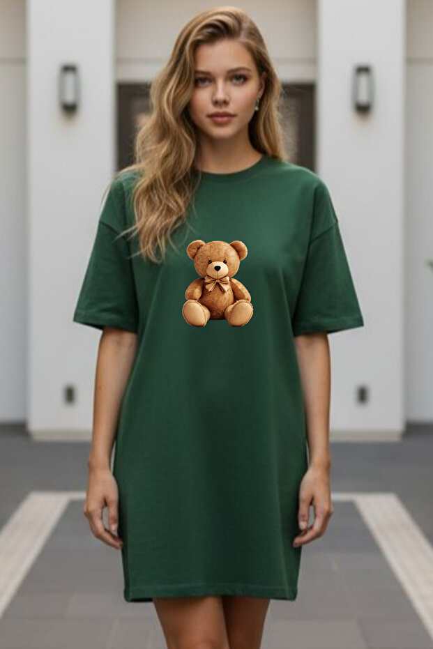 Elbisee Women's Red Oversize T-Shirt Dress – Cute Teddy Bear Print