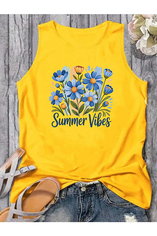 Flowers Printed Patterned Women's Cotton Off-The-Shoulder (Sleeveless) Summer T-Shirt