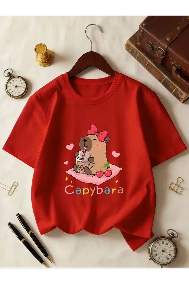 Children's T-Shirt Short Sleeve Cute Capybara Milk Tea Cherry Printed Summer Girl's