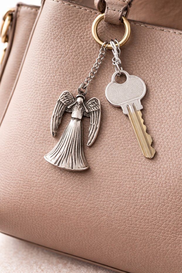 Metal Keychain with Angel Figure, Silver Color, Unisex Accessory