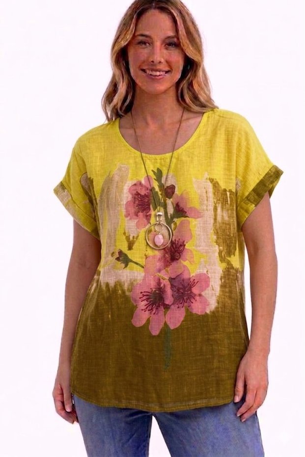 Women's Italian Yellow Round Neck Oversize Loose 100% Cotton Short Sleeve Blouse with Necklace
