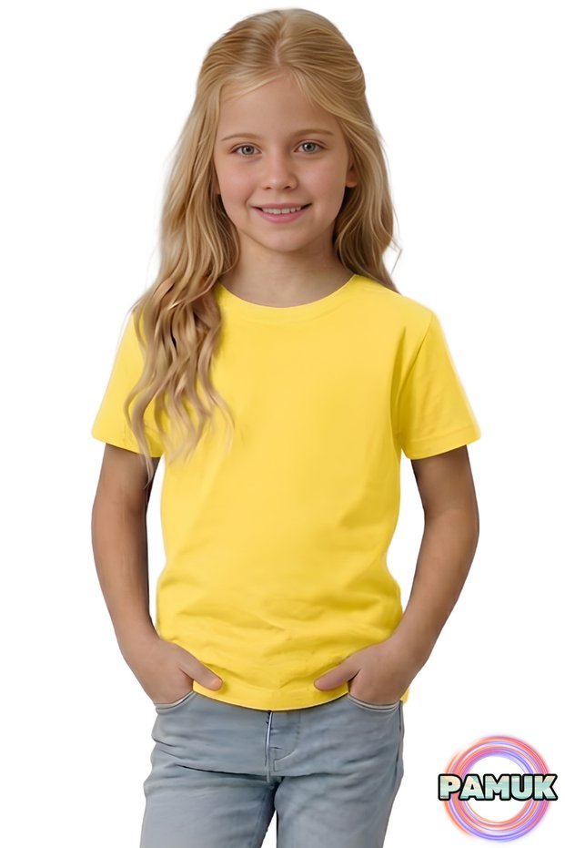 Short Sleeve Children's T-Shirt - Unisex Yellow Basic Cotton Crew Neck Short Sleeve Combed Cotton Children's T-Shirt