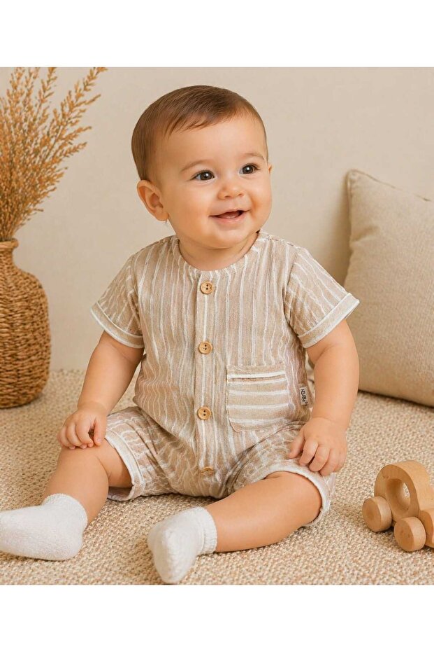 100% Cotton Linen Fabric Stylish and Comfortable Striped Buttoned Baby Boy Jumpsuit with Pockets