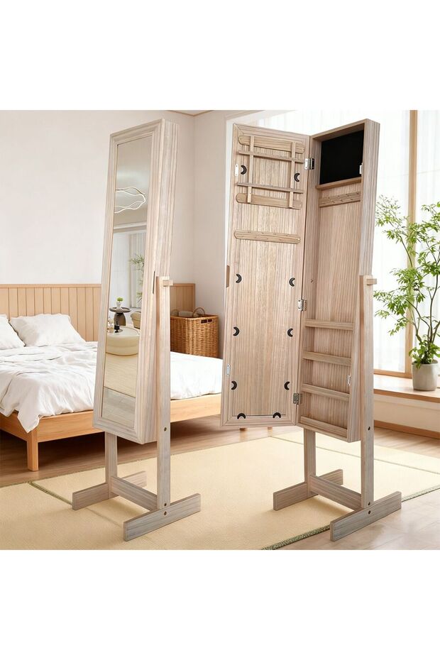 Manny Free-Standing Jewelry Cabinet With Mirror - Natural Oak