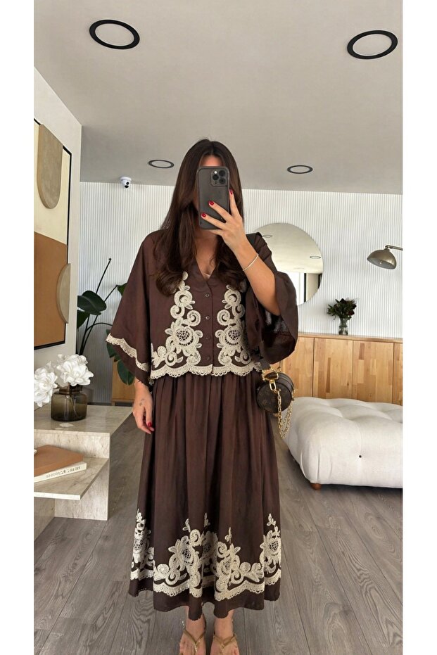 Coffee Beige Floral Embroidered Shirt Skirt Set
