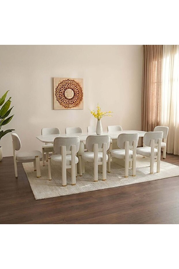 Qasr 1+10 Seater Marble Top Dining Set -White Grey/Pearl White