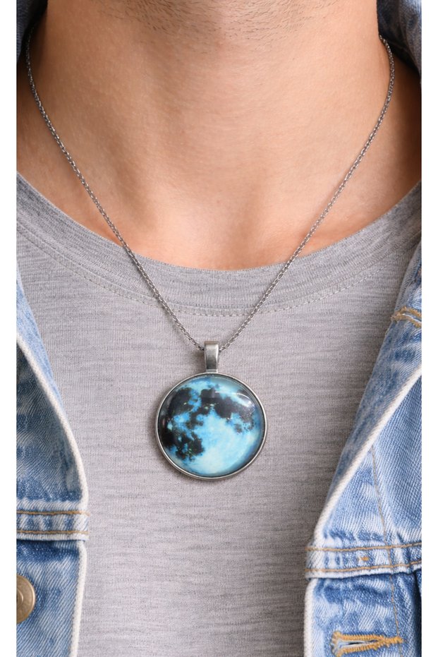 Blue Moon Patterned Round Glass Necklace Unisex Metal Chain 60 cm