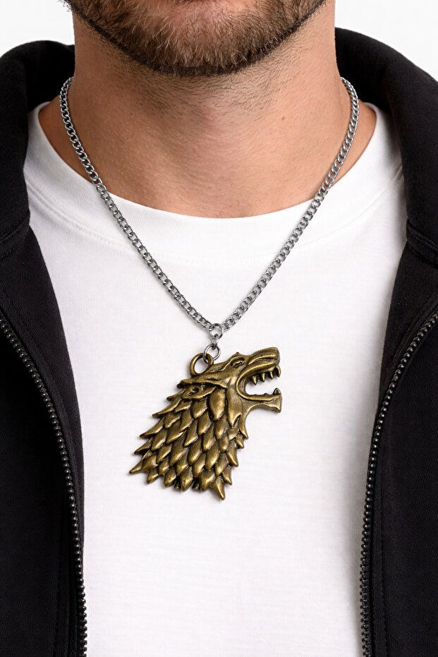 Gold Color Wolf Head Metal Pendant Witcher Unisex Chain Accessory
