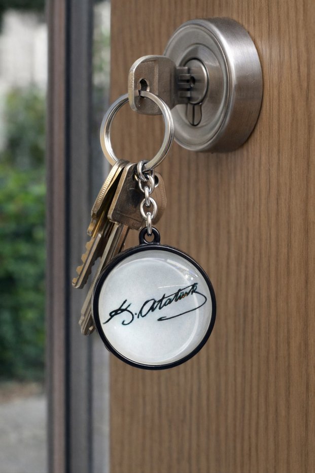 Ataturk Signature Design Round Keychain with Black Frame Unisex
