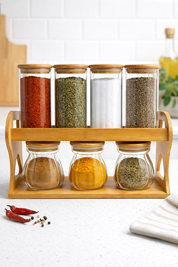 Set of 7 Glass Jars with Bamboo Stands – Spice Rack Storage Set with Lids – Kitchen Organizer