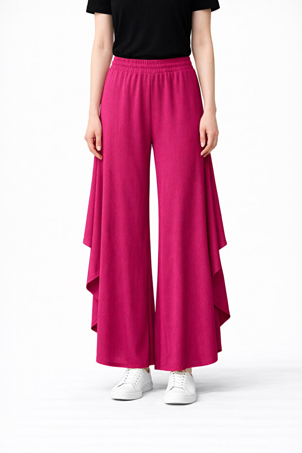 Women's Wide-Legged Trousers – High-Waisted, Elastic, Slit Detail, Loose-Fitting Summer Pants