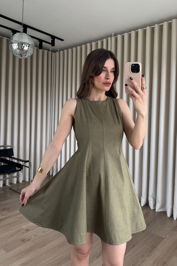 Khaki Crew Neck Pleated Linen Dress