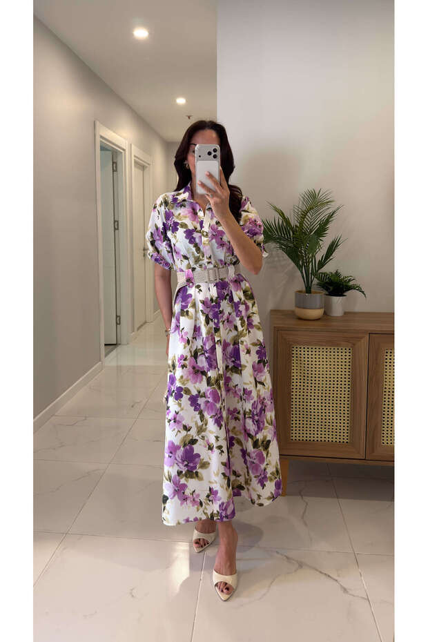 Werson Purple Floral Straw Belted Dress