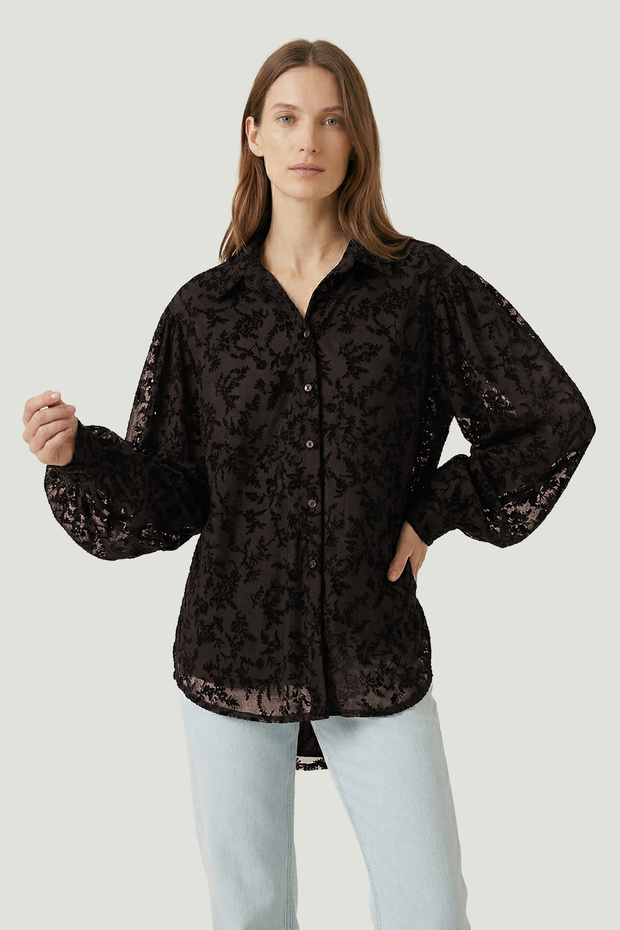 6464 - Stylish Comfortable Lace Tulle Balloon Sleeve Women's Shirt