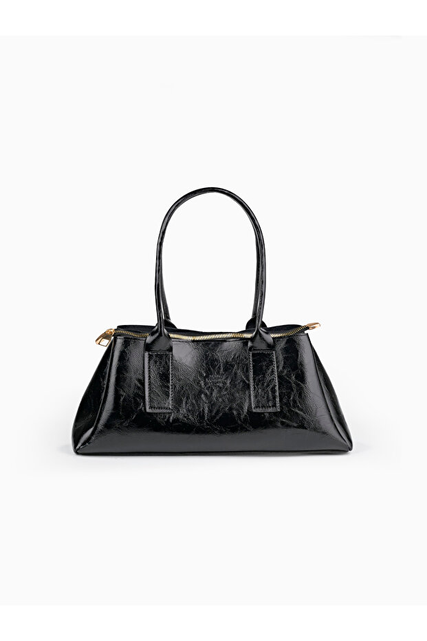 Wrinkled Textured Black Shk317 Faux Leather, 3 Compartments, Zippered, Lined, Hand, Arm and Shoulder Bag