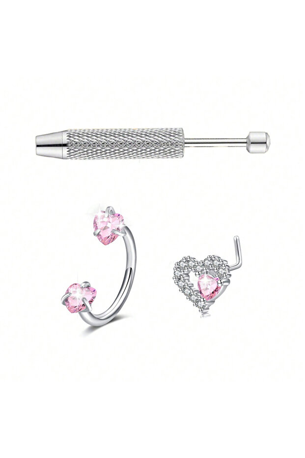 B Skeleton 18G 1.0x8mm حلقات وأقراط الأنف 3 قطع/مجموعة، حلقات أنف على شكل قلب وحصيرة حصان، أقراط أنف، فضي
