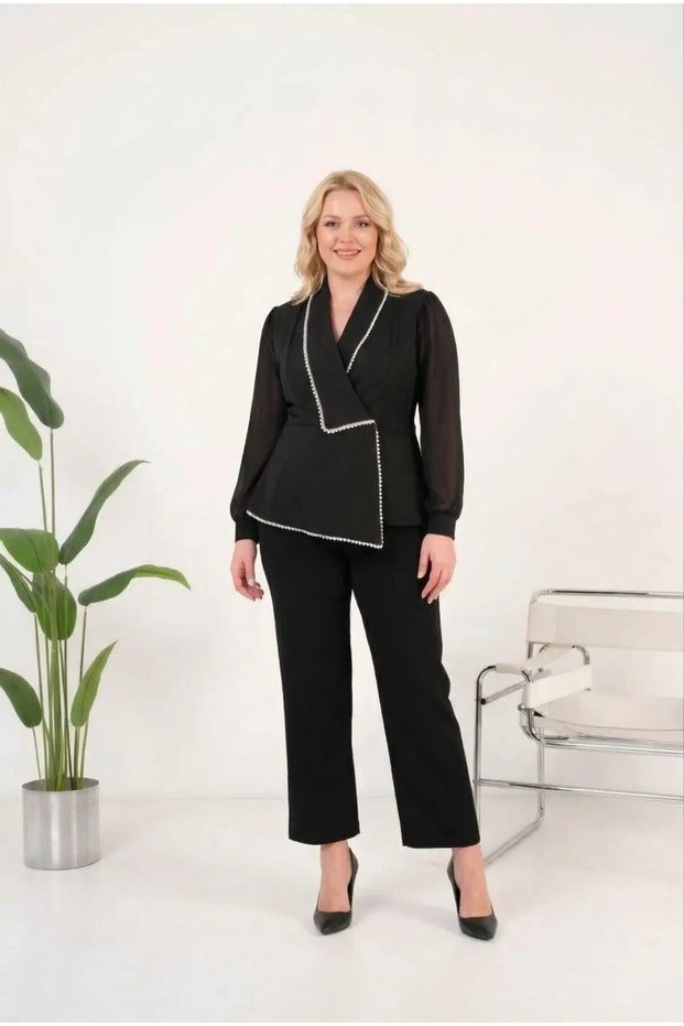 Women's Black Plus Size Jacket Collar Pearl Detailed Chiffon Sleeves Evening Dress Set Hzl26W-Pr10131