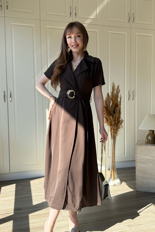 Gold Belted Shirt Collar Midi Brown Dress