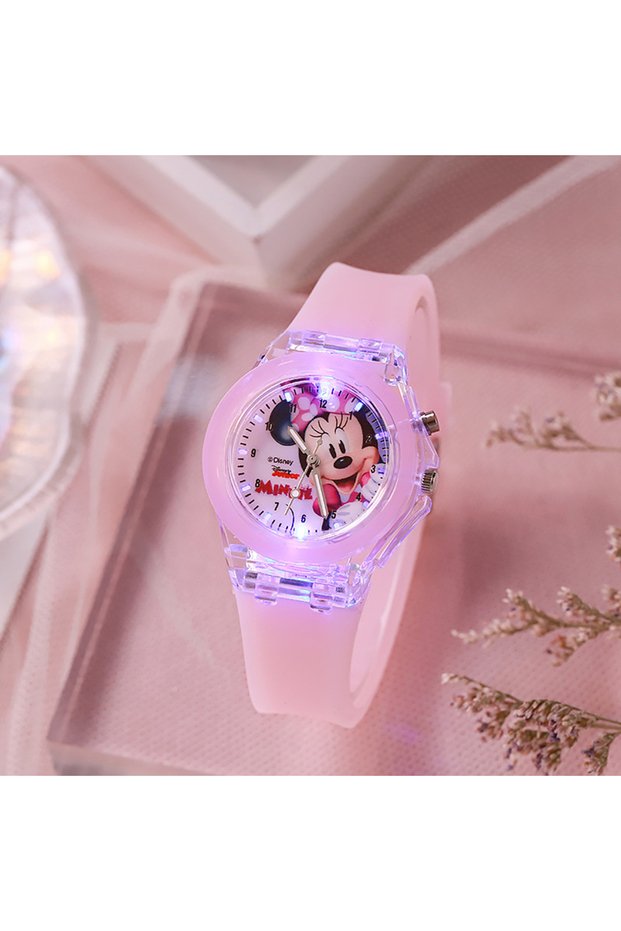 XFG-MN-Pink Cute Mickey Minnie Children Watches with Flash Light Silicone Strap Kids Watch Girls Ani