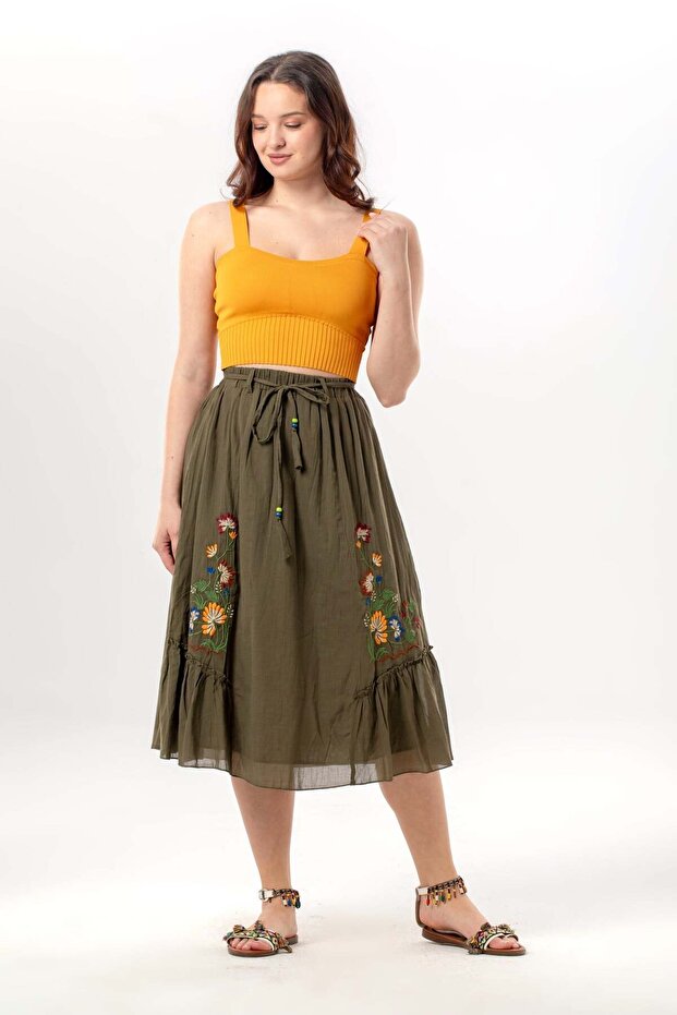 Canan Vual Binding and Rubber Detail Midi Length Summer Authentic Skirt Khaki Hk