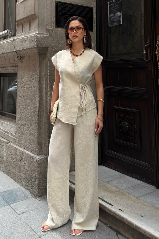Women's Beige Double-Breasted Tie-Up Linen Textured Top and Bottom Set