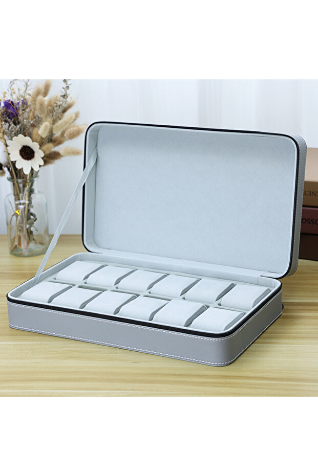Grey 12 grids 2024 New 6/10/12 Girds Portable Watch Storage Boxes Organizer with Zipper Classic Styl