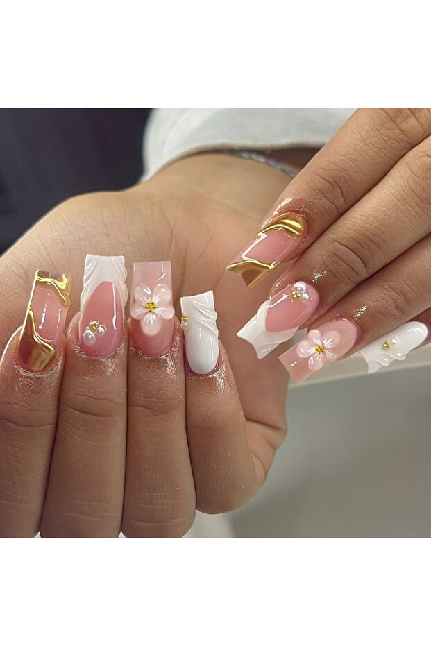 2755 24Pcs Long Square 3D Three-Dimensional Gelnail Makes Flower Nails With Pearl Decorate Design Wh