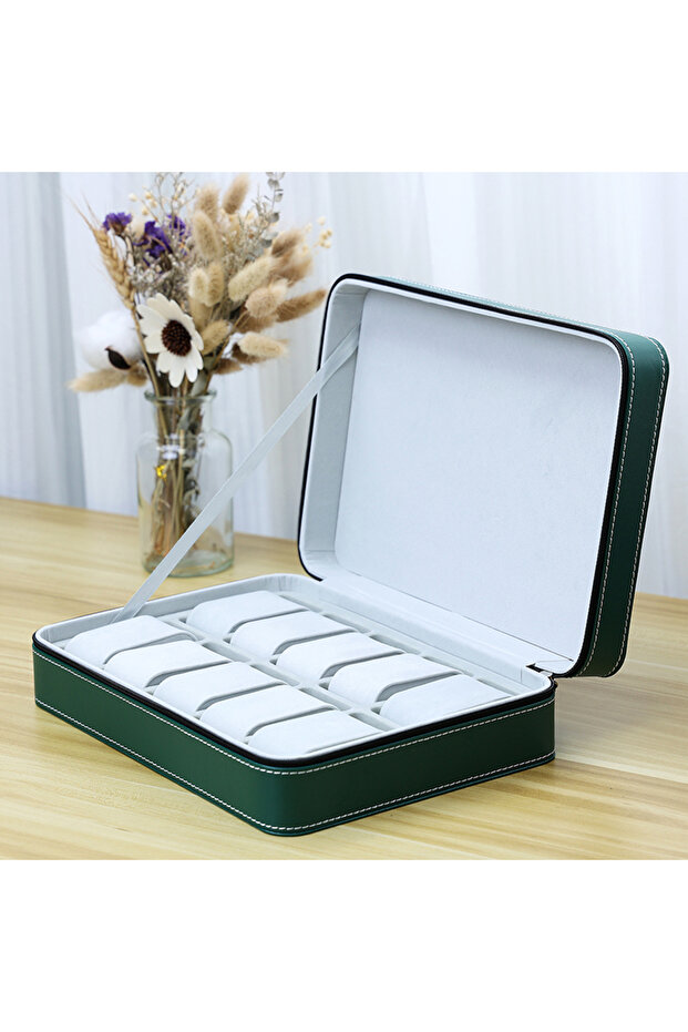 Green 10 grids 2024 New 6/10/12 Girds Portable Watch Storage Boxes Organizer with Zipper Classic Sty