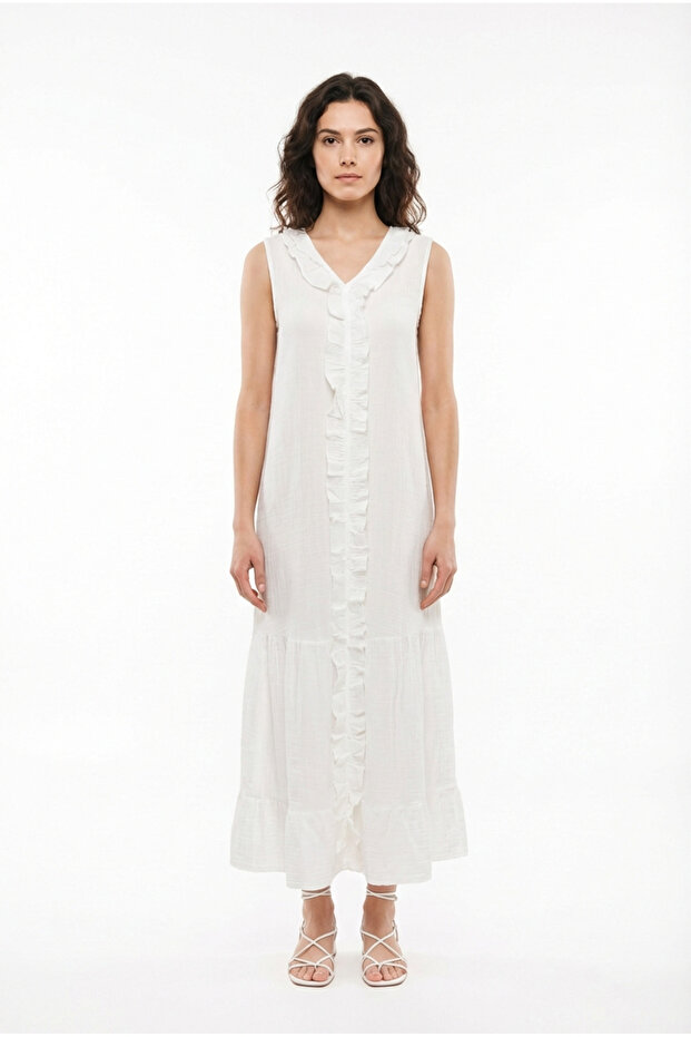 Sleeveless Sea Ruffle V-Neck Summer Muslin Long Dress White Byz