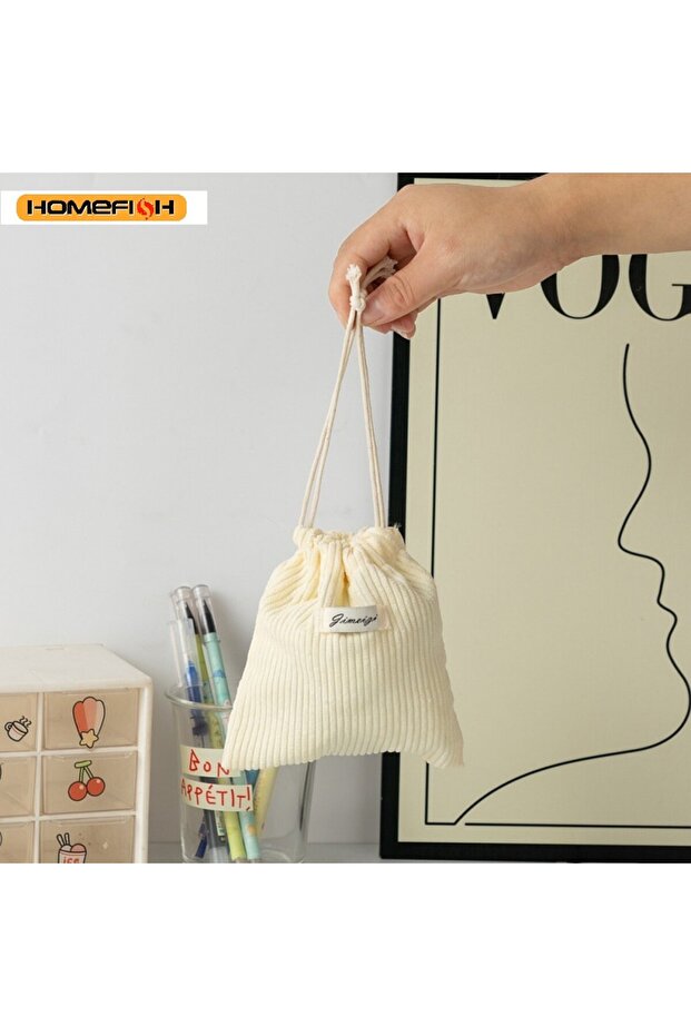 Beige HOMEFISH Corduroy Drawstring Bag Christmas Gift Candy Jewelry Cosmetics Coins Keys Organizer P