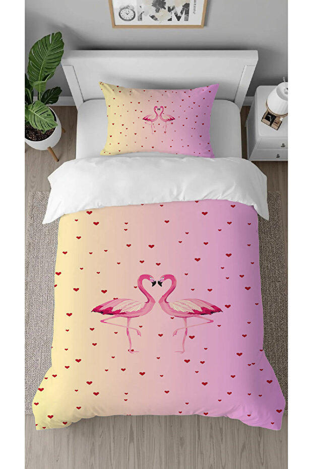 Flamingo Pink Patterned Digital Printed Special Design Single Duvet Cover Set Without Sheets