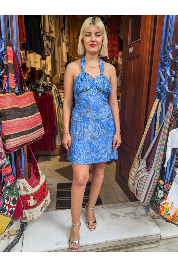 Blue Color Gold Detailed Halter Neck Open Back Silk Dress