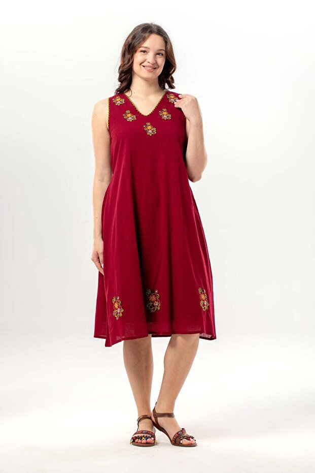 Sleeveless Legendary V-Neck Embroidered Summer Chiffon Midi Dress Burgundy Brd