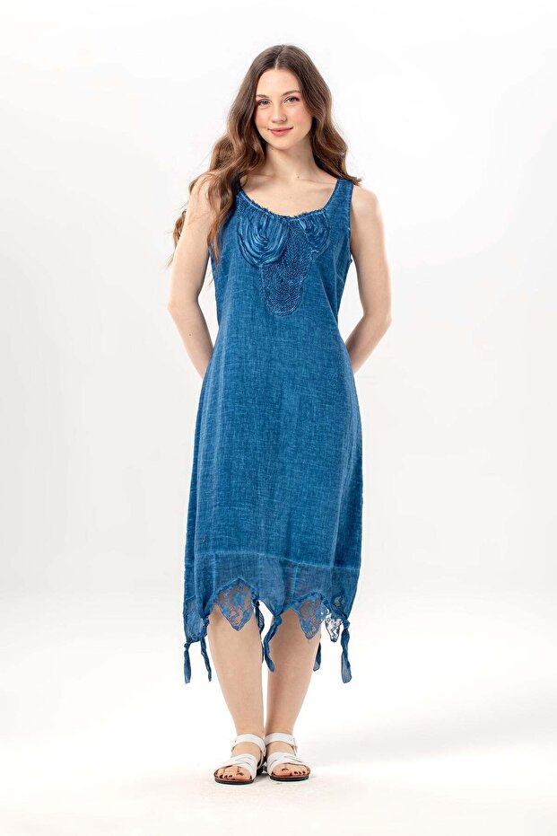 Sleeveless Night Round Neck Authentic Poplin Midi Length Dress Indigo Indg