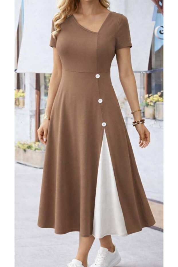 Women's Asymmetrical Collar Buttoned Short Sleeve Viscose Dress
