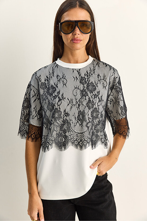 Women's White Black Lace Detailed Oversize Basic T-Shirt 1092 60286104
