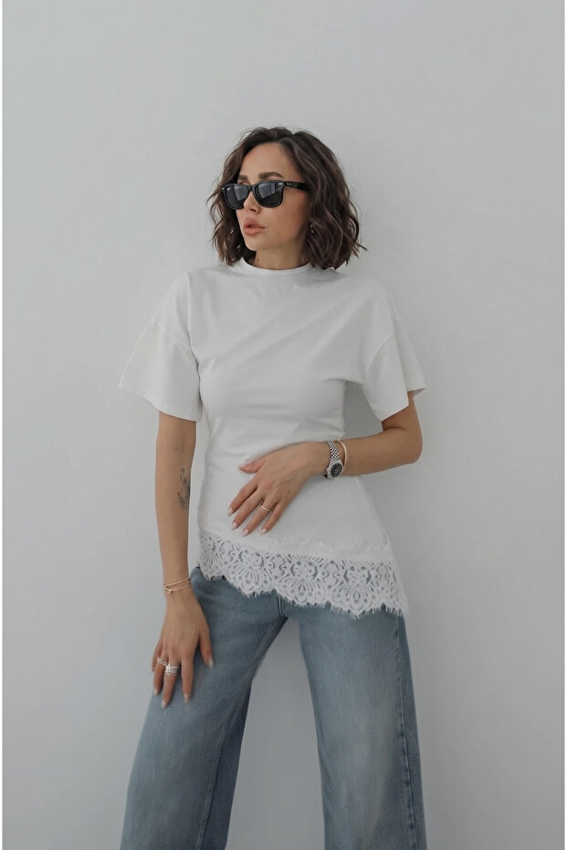 Women's Asymmetric Lace Detail Bluz White