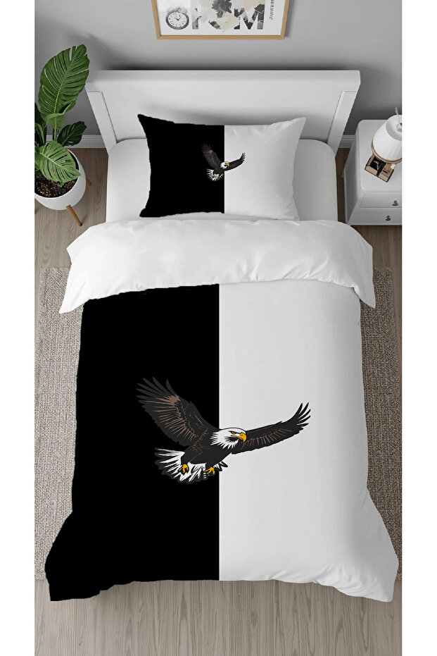 Black and White Eagle Patterned Digital Printed Special Design Single Duvet Cover Set Without Sheets
