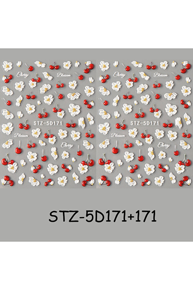 قطعتان من ملصقات الأظافر STZ-5D171 5D المزخرفة بتصميم الكرز الأنيق وزهور الربيع البيضاء ذاتية اللصق