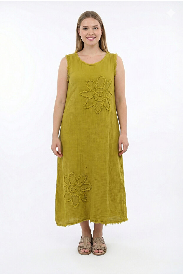 Sleeveless Spacious Crew Neck Summer Authentic Muslin Long Dress Oil Green Ygysl
