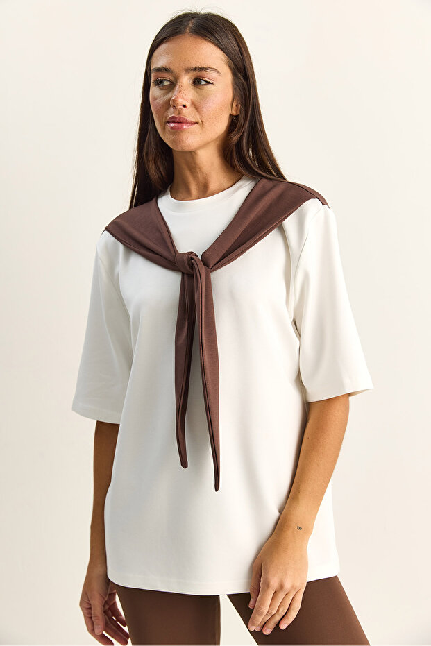 Women's White Coffee Shawl Detailed Oversize Basic T-Shirt 1094 60286118