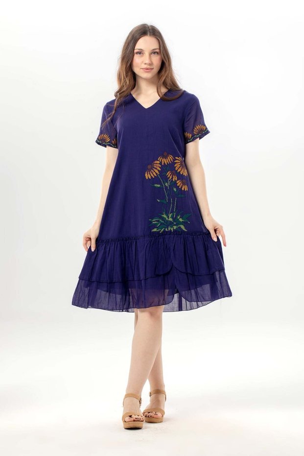 Short Sleeve Wishing Voile V-Neck Summer Embroidered Casual Short Dress Purple Purple